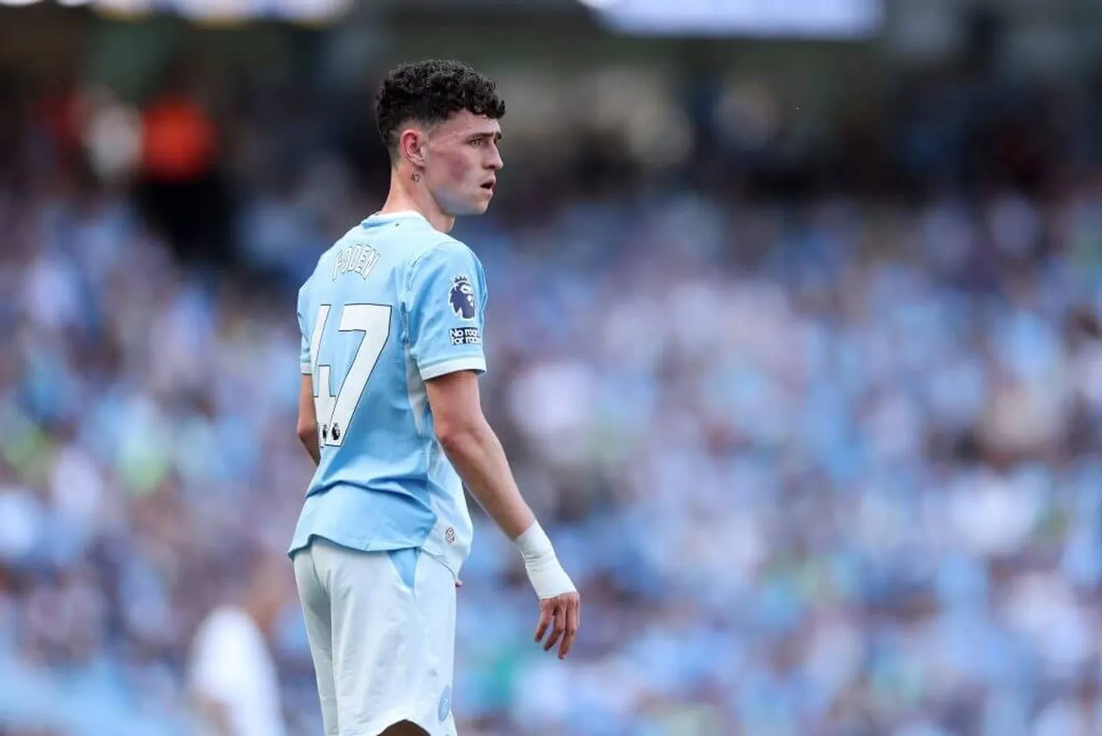 Manchester City attacking midfielder Phil Foden looks on during his team's final game of the 2025-26 season
