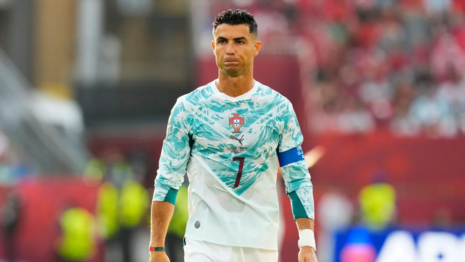 Portugal's Cristiano Ronaldo (7) reacts during the World Cup round of 32 soccer match between Portugal and Croatia in Toronto, Thursday, July 2, 2026. (Chris Young/The Canadian Press via AP)